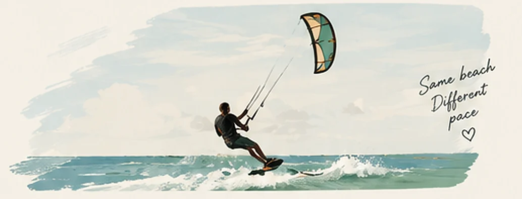 Illustration of a kitesurfer on the water at Bofa Beach