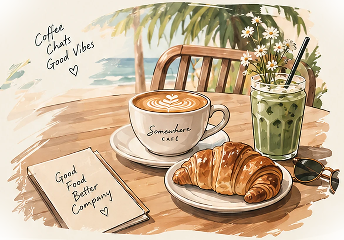 Illustration of a Somewhere Café latte, croissant and iced matcha on a beach table