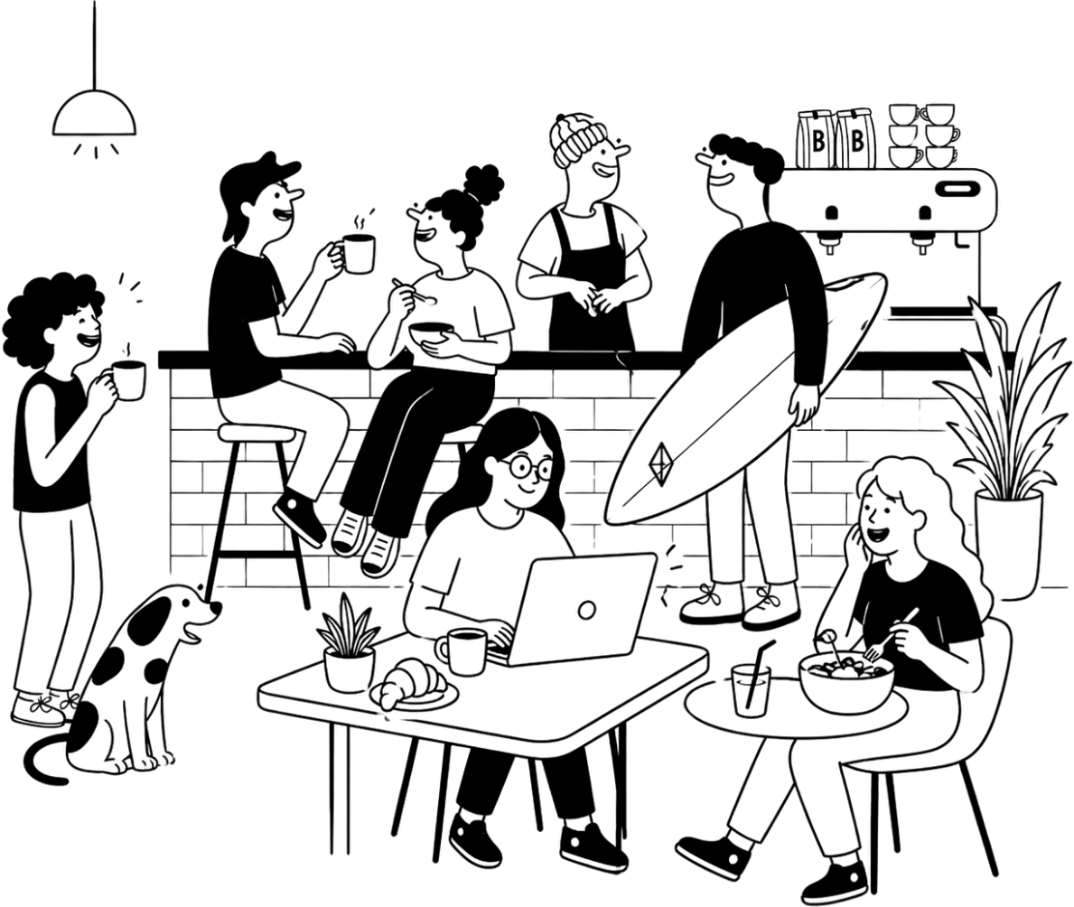 Line drawing of the café: friends at the bar with coffee, a barista, a surfer with a board, someone on a laptop, a woman eating a bowl, and a spotted dog