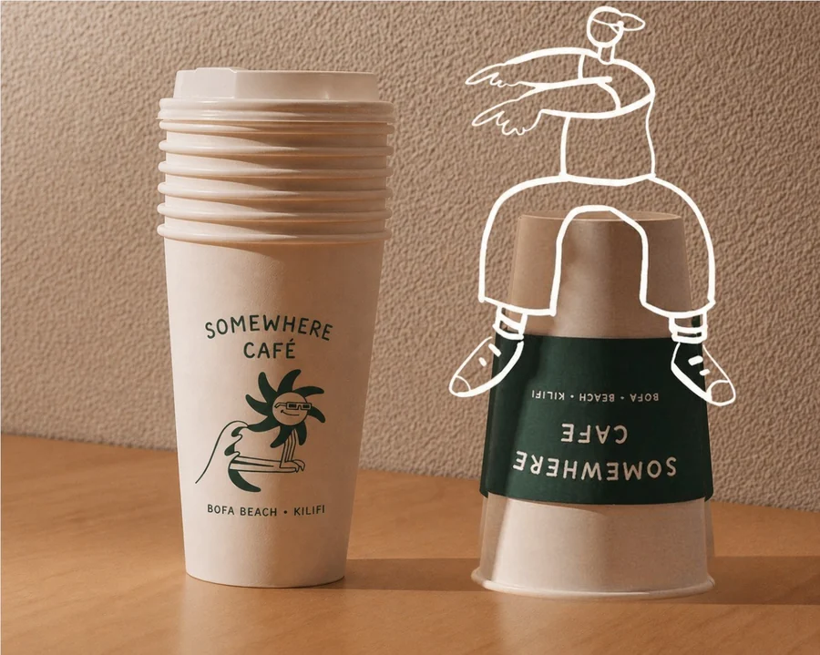 Somewhere Café takeaway cups printed with Bofa Beach, Kilifi