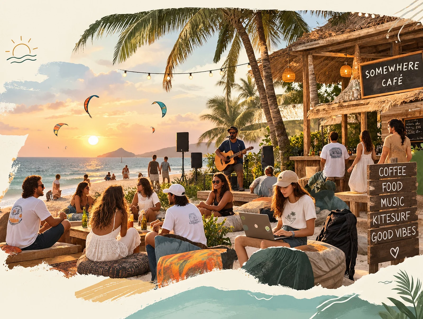 Sunset at Somewhere Café on Bofa Beach: a guitarist playing live, friends on floor cushions with drinks, someone on a laptop, kites over the sea, and a sign reading coffee, food, music, kitesurf, good vibes